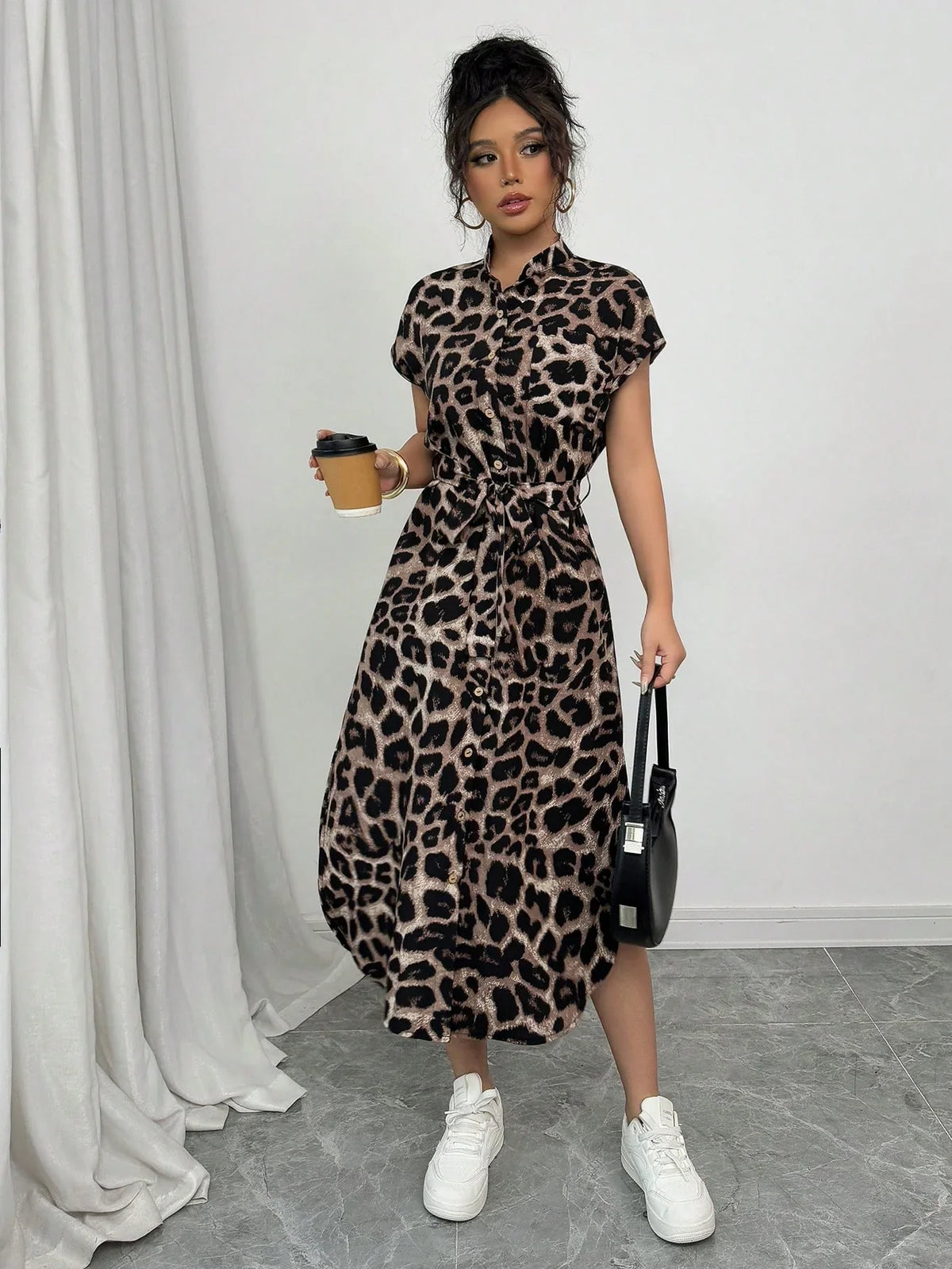 Leopard Print Front Button Shirt  long dress
