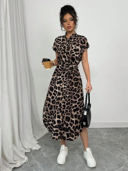 Leopard Print Front Button Shirt  long dress
