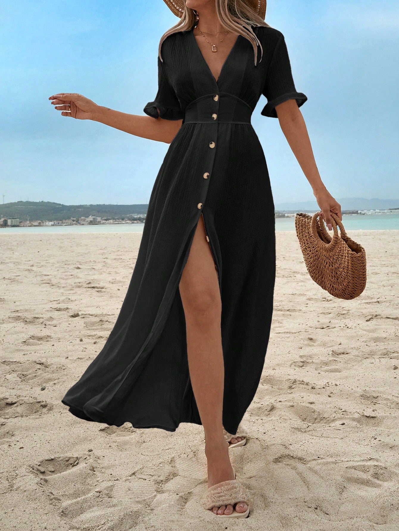 Ruffle Trim Dress For Women, Button Front