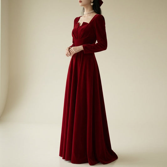 Women's Long Sleeve Square Collar Red Wedding Dress