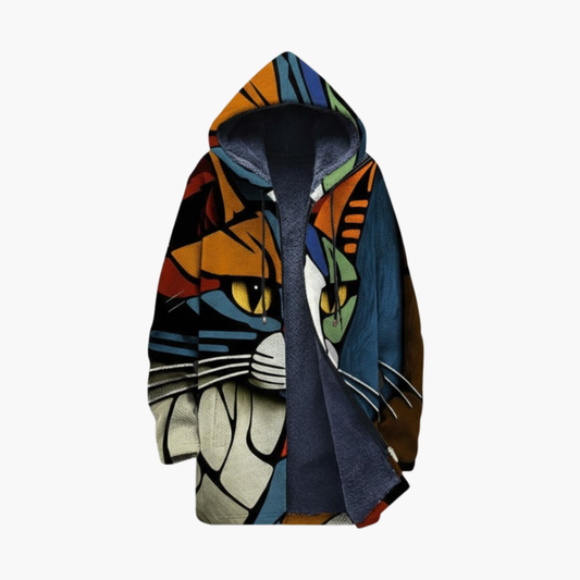 Unisex Hooded Cardigan Cat Print Zip Up