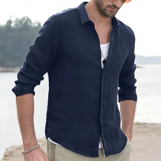 Linen Shirt Turn Down Collar Solid Color