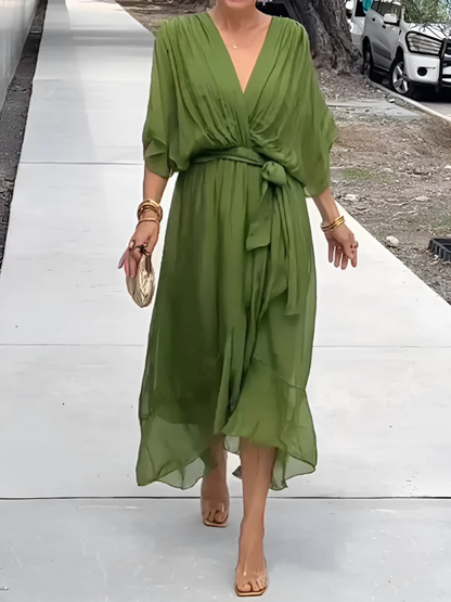 Women's Wrap Dress V-Neck Wide Sleeves Waist Tie