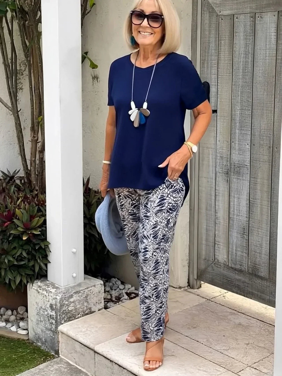 Women's Short Sleeve Patterned Two Piece Set