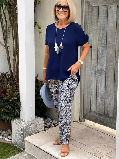 Women's Short Sleeve Patterned Two Piece Set