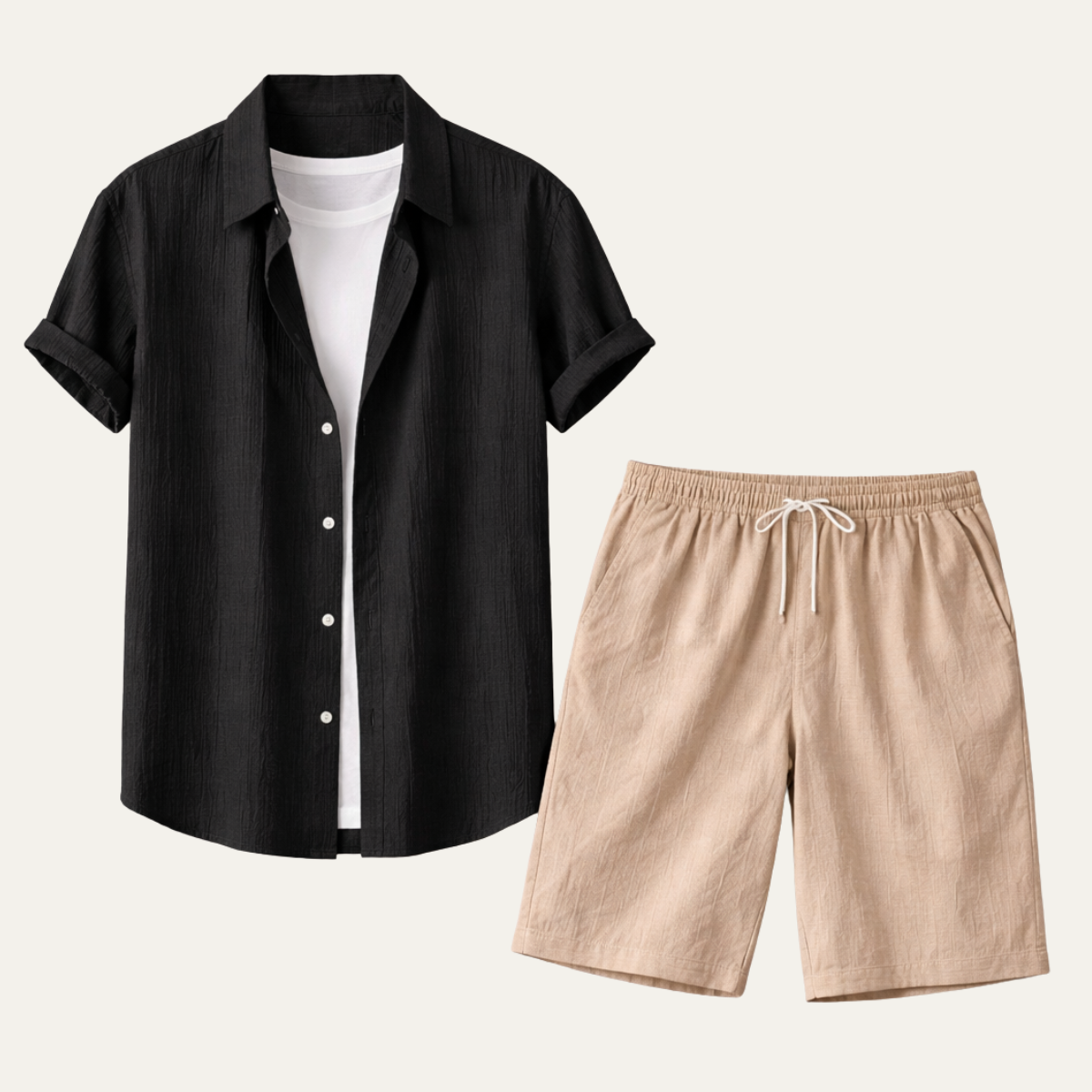 Men's Summer Shirt And Shorts Set Cotton Button Up