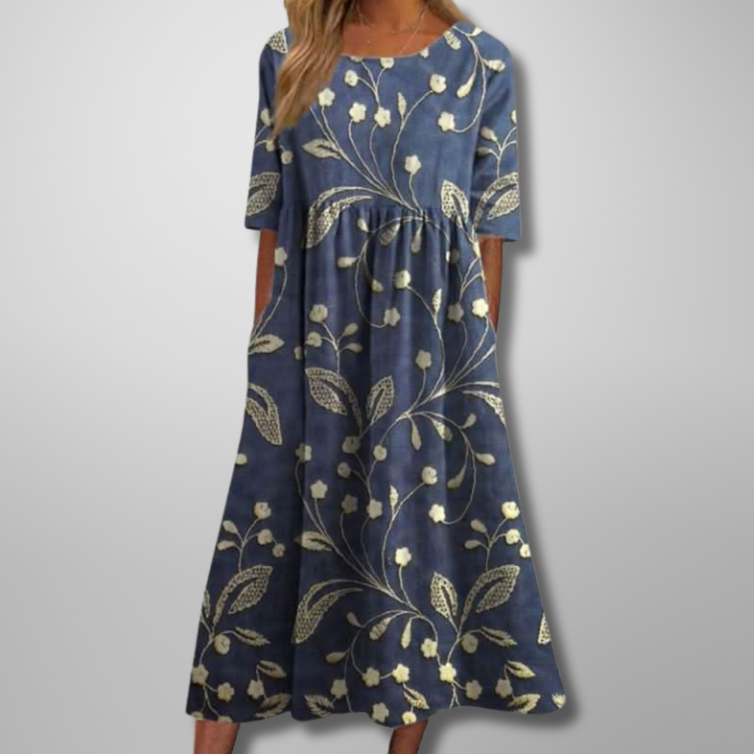 Women's Floral Maxi Dress Short Sleeves Gathered Waist
