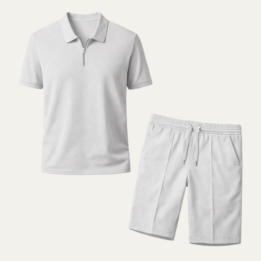 Men's Polo Shirt And Shorts Set Gray Cotton