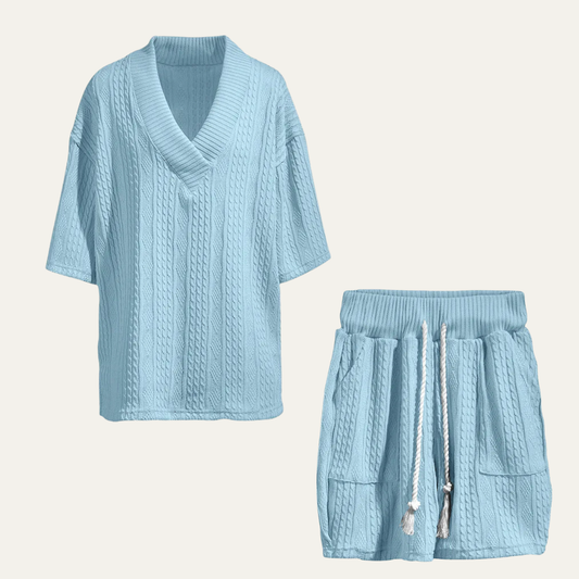 Men's Summer Knit Polo Shirt And Shorts Set Lightweight Red