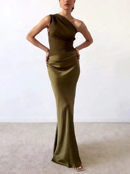 Women's Maxi Dress Pleated Satin One Shoulder
