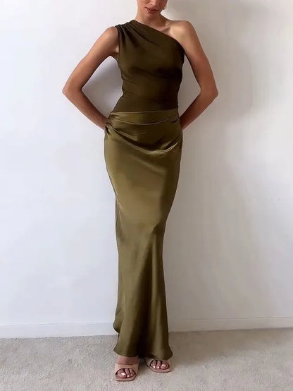 Women's Maxi Dress Pleated Satin One Shoulder