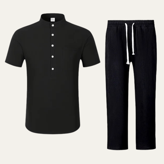 Mens Cotton Linen Polo Shirt And Pants Set Lightweight