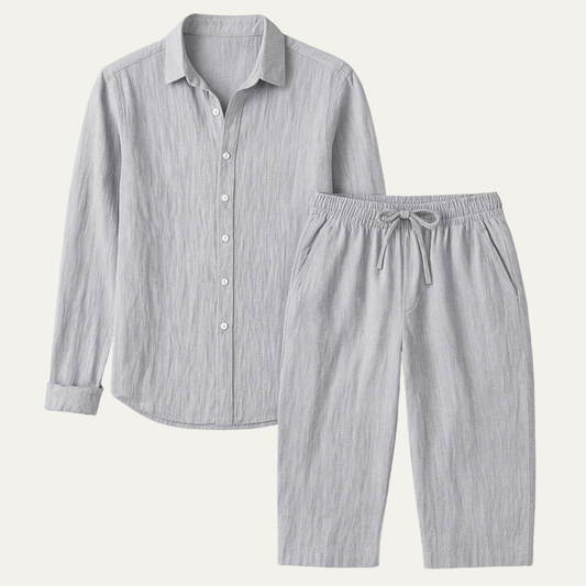 Men's Linen Shirt And Trousers Set Casual Beige