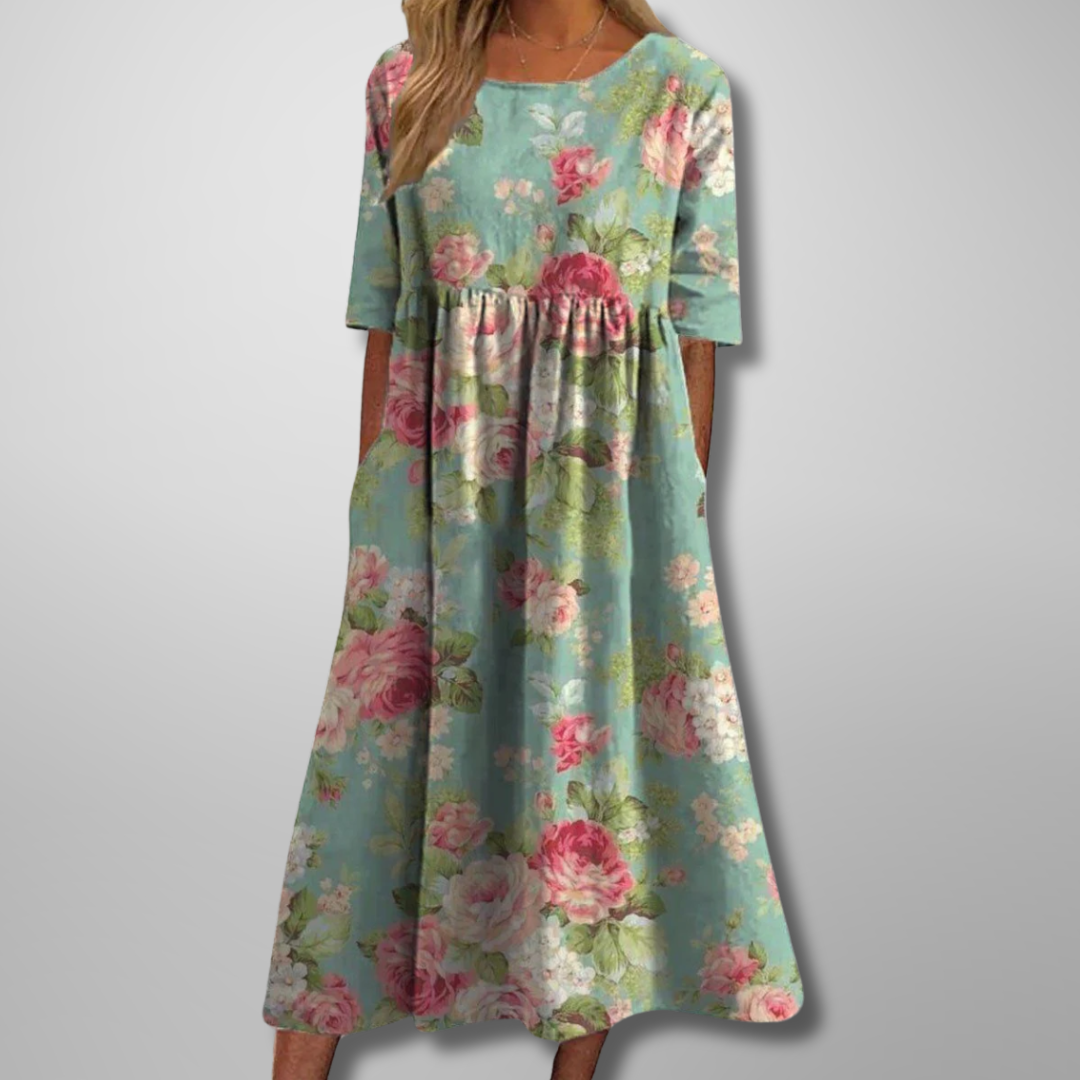 Women's Floral Maxi Dress Short Sleeves Gathered Waist