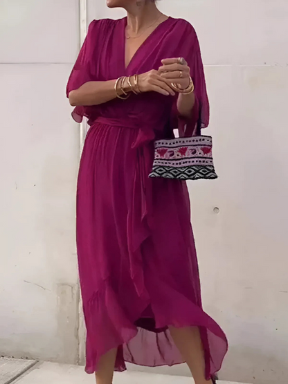 Women's Wrap Dress V-Neck Wide Sleeves Waist Tie
