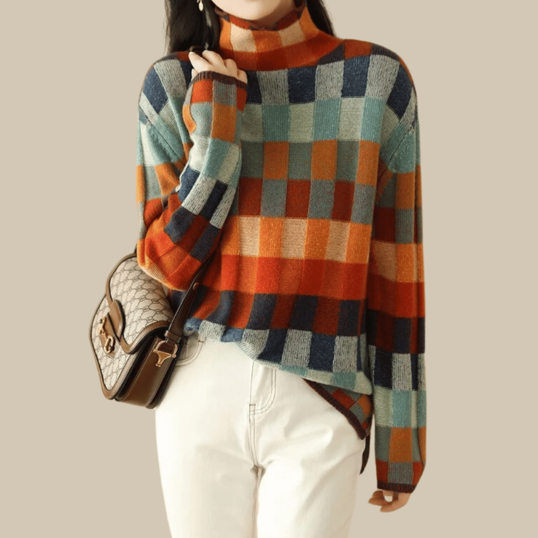 Cashmere Turtleneck Sweater Patchwork Design