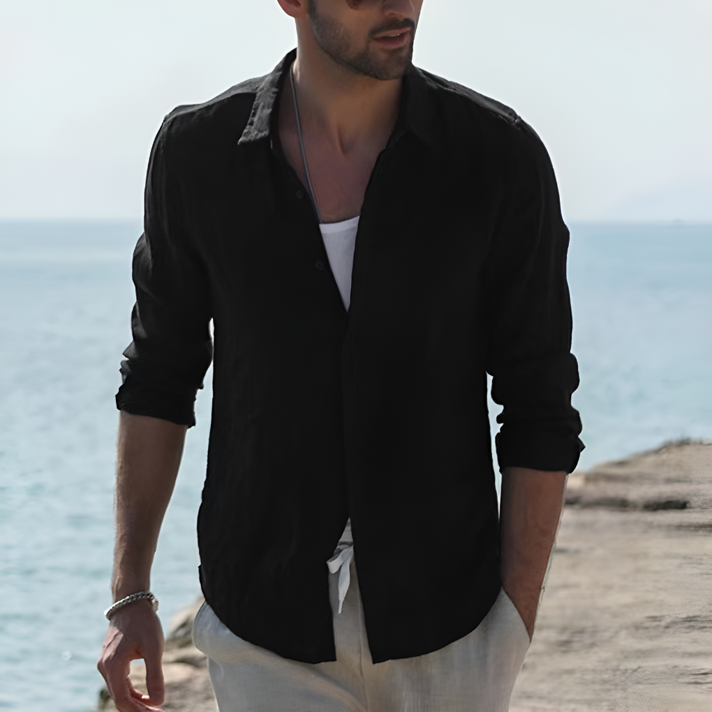 Linen Shirt Turn Down Collar Solid Color