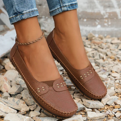 Women's Slip-On Loafers Perforated Leather Whipstitch Detail