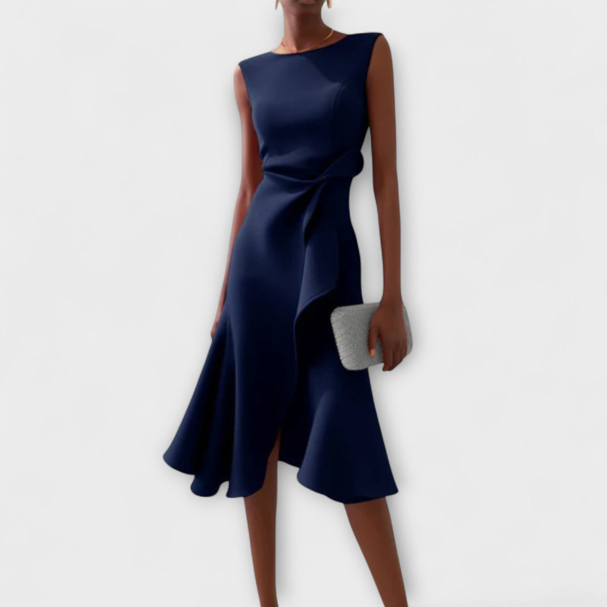 Women's Sleeveless Midi Dress Round Neck Draped Waist Asymmetric Hem
