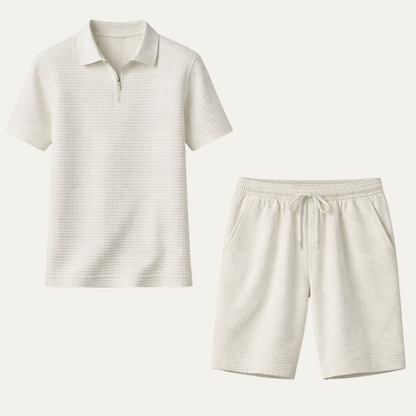 Men's Waffle Knit Polo And Shorts Set