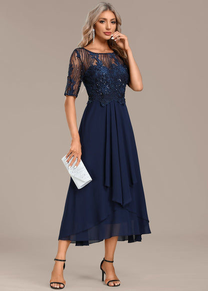 Women's Midi Dress Round Neck Lace Accents