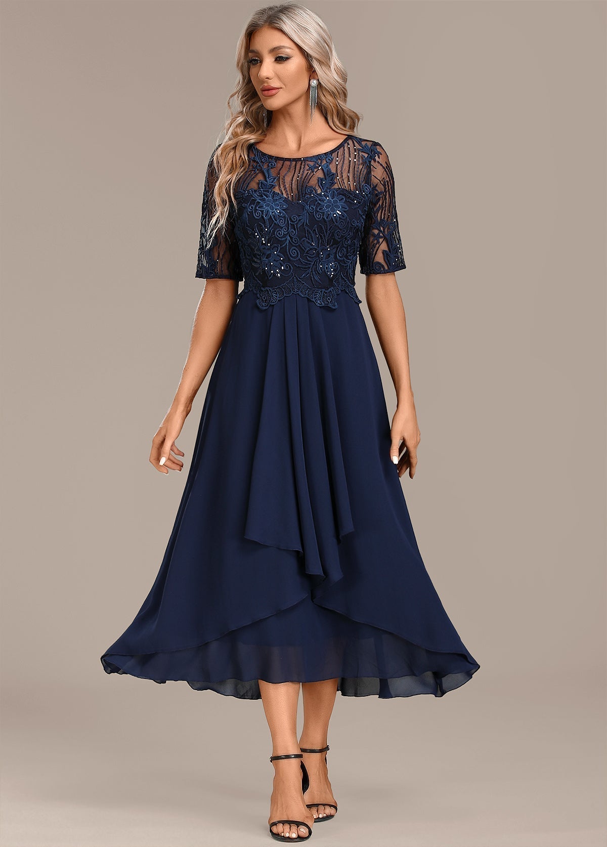 Women's Midi Dress Round Neck Lace Accents