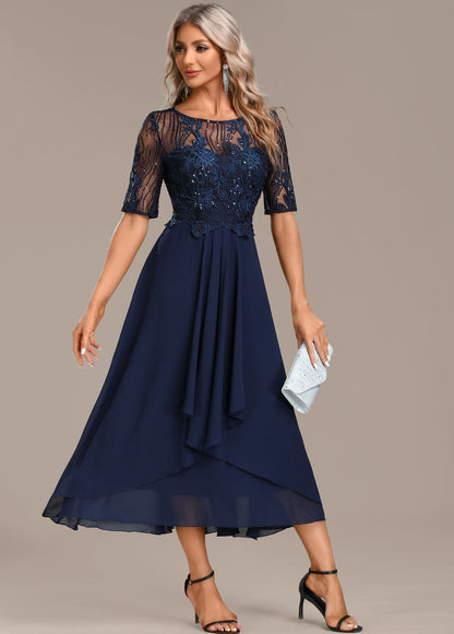 Women's Midi Dress Round Neck Lace Accents