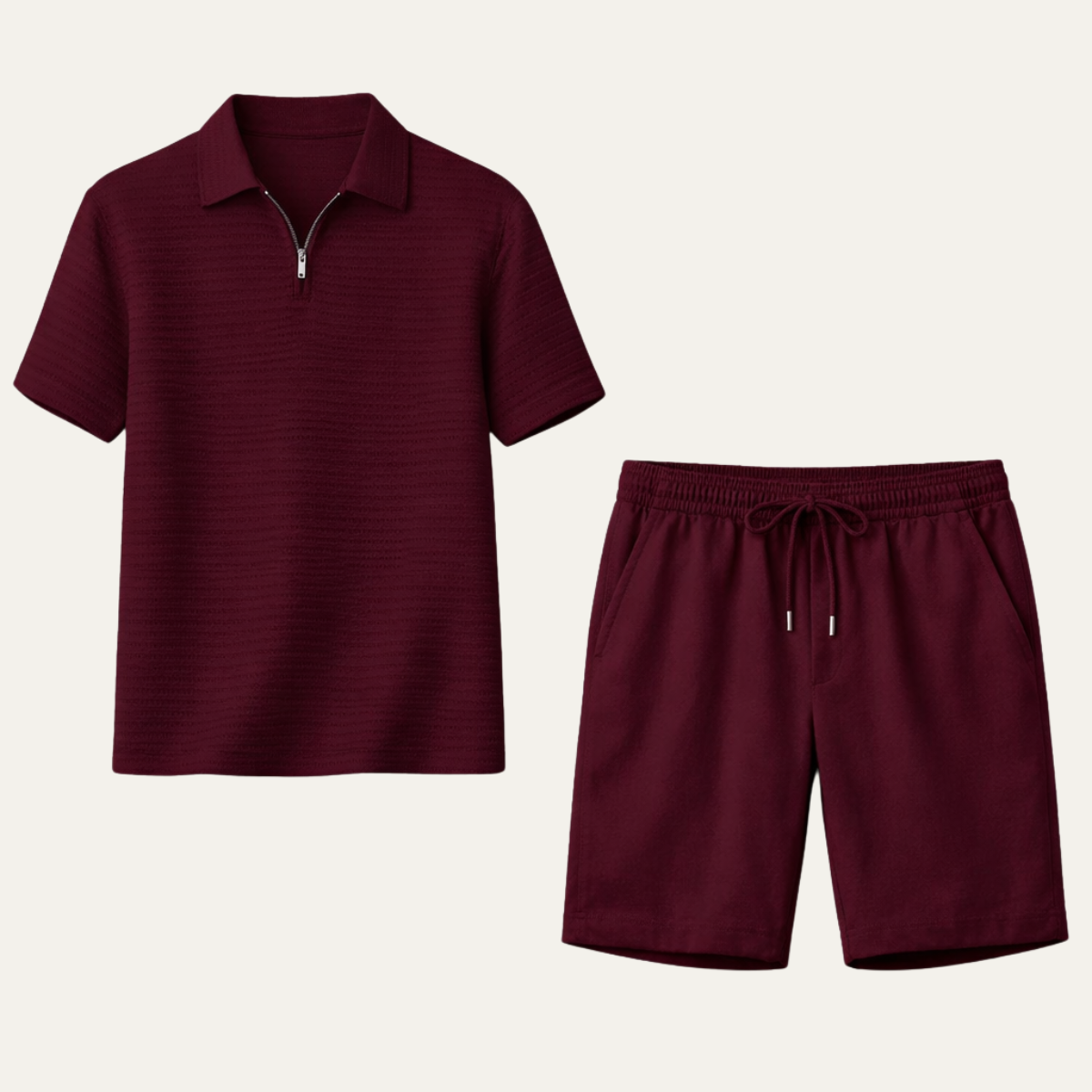 Men's Waffle Knit Polo Shirt And Shorts Set Black