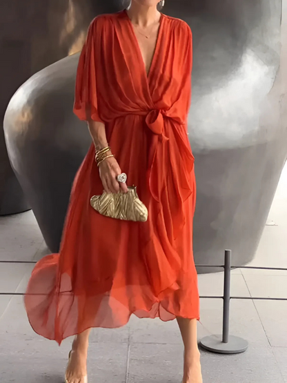 Women's Wrap Dress V-Neck Wide Sleeves Waist Tie