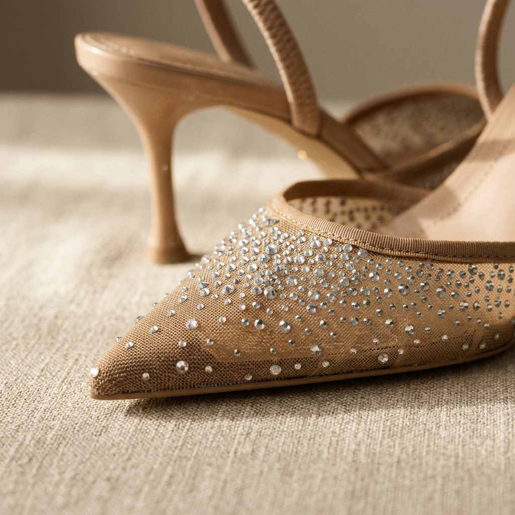 Women's Pointed-Toe Slim Heel Heels Mesh Rhinestone Detail