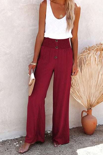 Women's Wide Leg High-Waisted Pants Smocked Waistband Beige