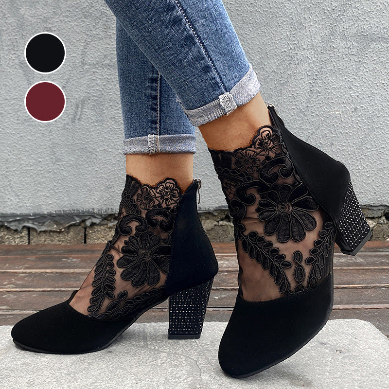 Women's Lace Panel Block Heel Ankle Comfort Boots