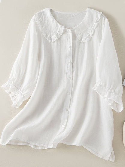 Women's Linen Tunic Ruffled Collar Beige
