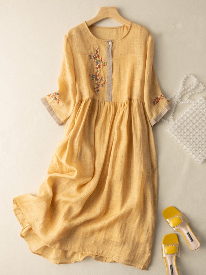 Women's Embroidered Midi Dress Cotton Half Sleeves Contrast Trim