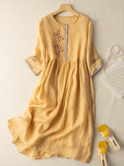 Women's Embroidered Midi Dress Cotton Half Sleeves Contrast Trim