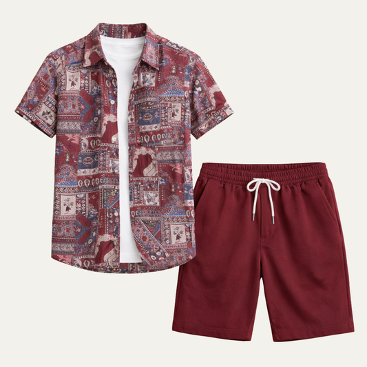 Men's Vintage Print Shirt And Shorts Set