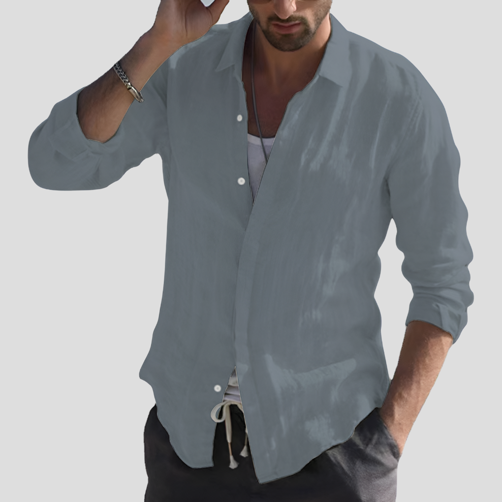 Linen Shirt Turn Down Collar Solid Color