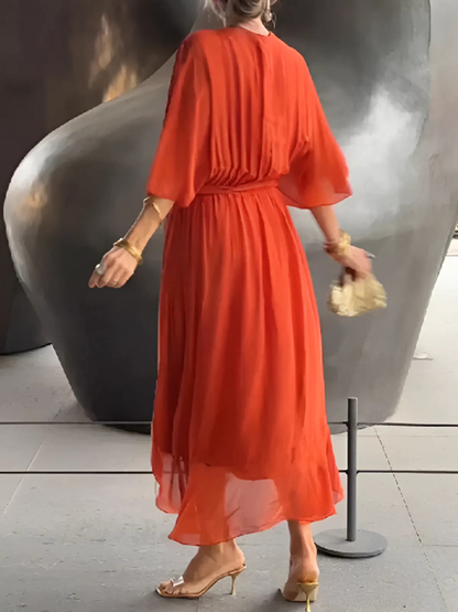 Women's Wrap Dress V-Neck Wide Sleeves Waist Tie