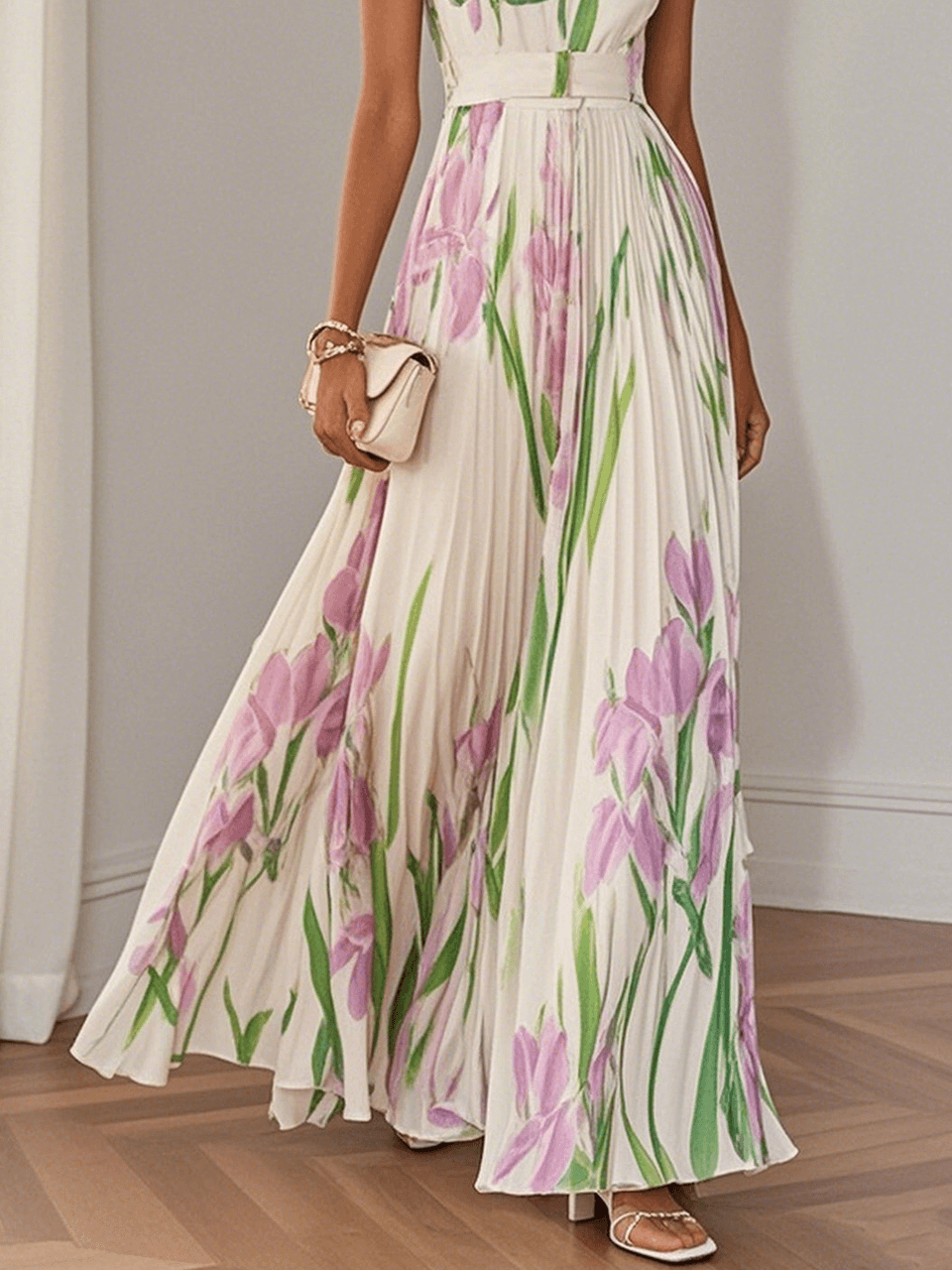 Elinora | Women’s Sleeveless Floral Pleated Maxi Dress