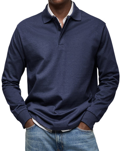 Men's Long-Sleeve Polo Shirt Cotton Button Collar