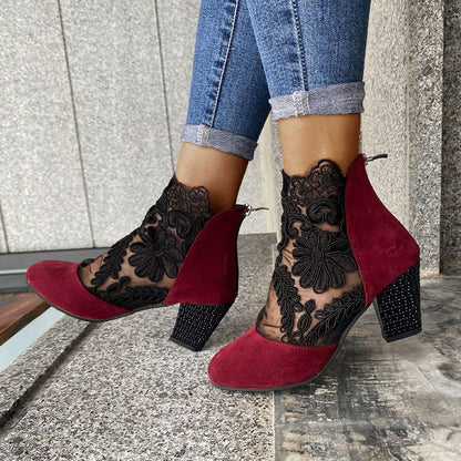 Women's Lace Panel Block Heel Ankle Comfort Boots