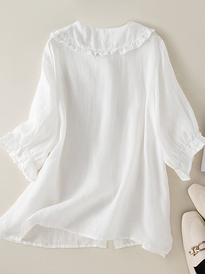 Women's Linen Tunic Ruffled Collar Beige