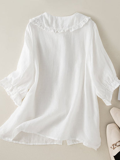 Women's Linen Tunic Ruffled Collar Beige