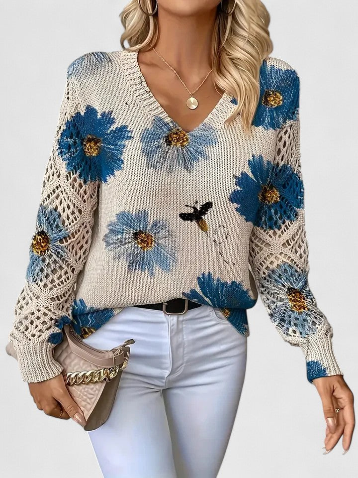 Women's V-Neck Crochet Sweater Floral
