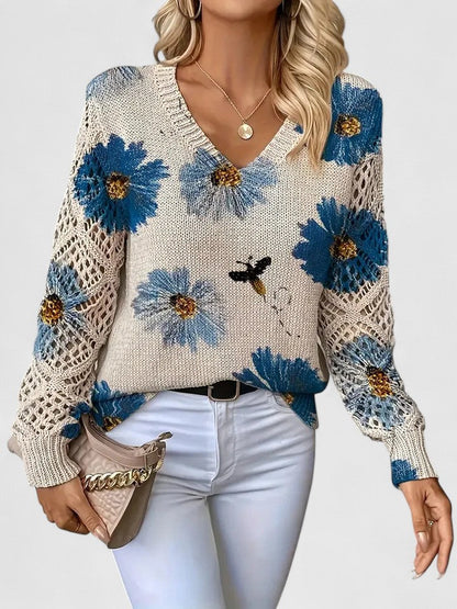 Women's V-Neck Crochet Sweater Floral