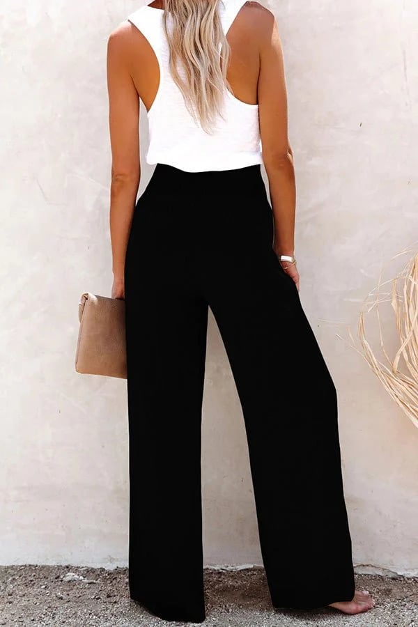 Women's Wide Leg High-Waisted Pants Smocked Waistband Beige