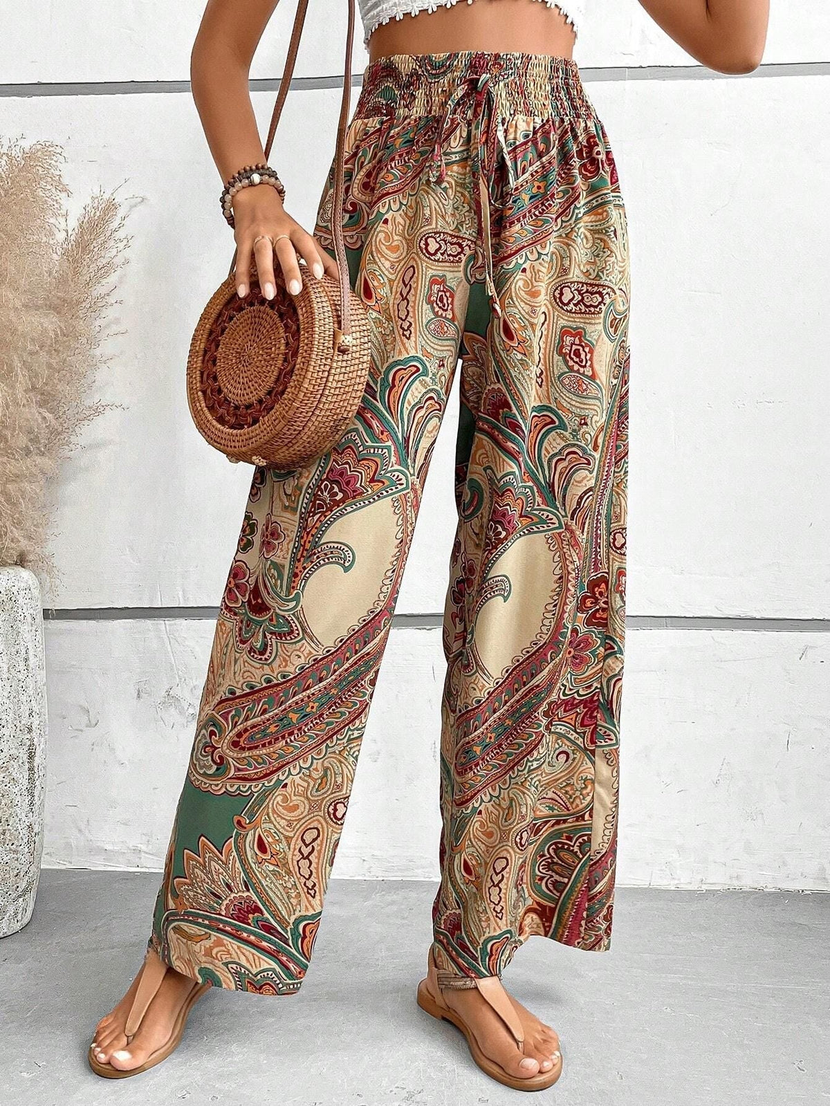 Women's Wide Leg Trousers Slanted Pockets Bohemian Style