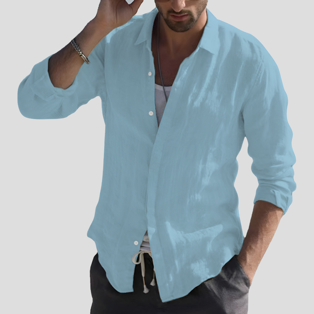 Linen Shirt Turn Down Collar Solid Color