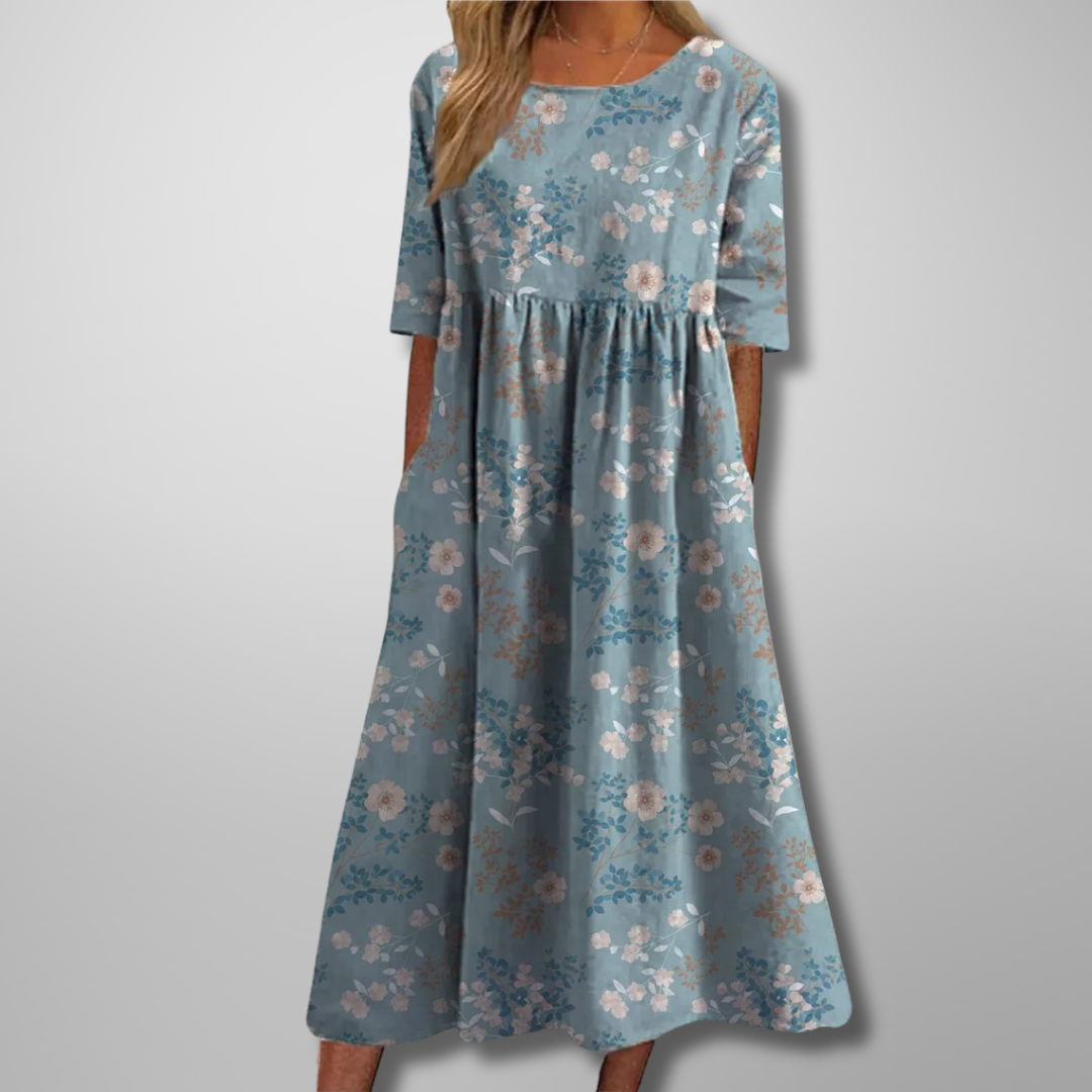 Women's Floral Maxi Dress Short Sleeves Gathered Waist