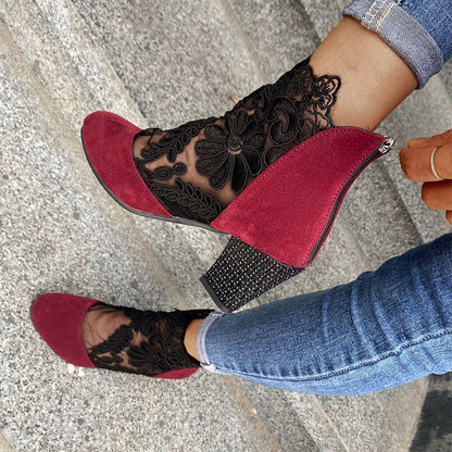 Women's Lace Panel Block Heel Ankle Comfort Boots